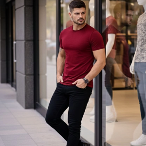 Erkek Body Tişört Bisiklet Yaka Slim Fit Likralı T-Shirt – Bordo