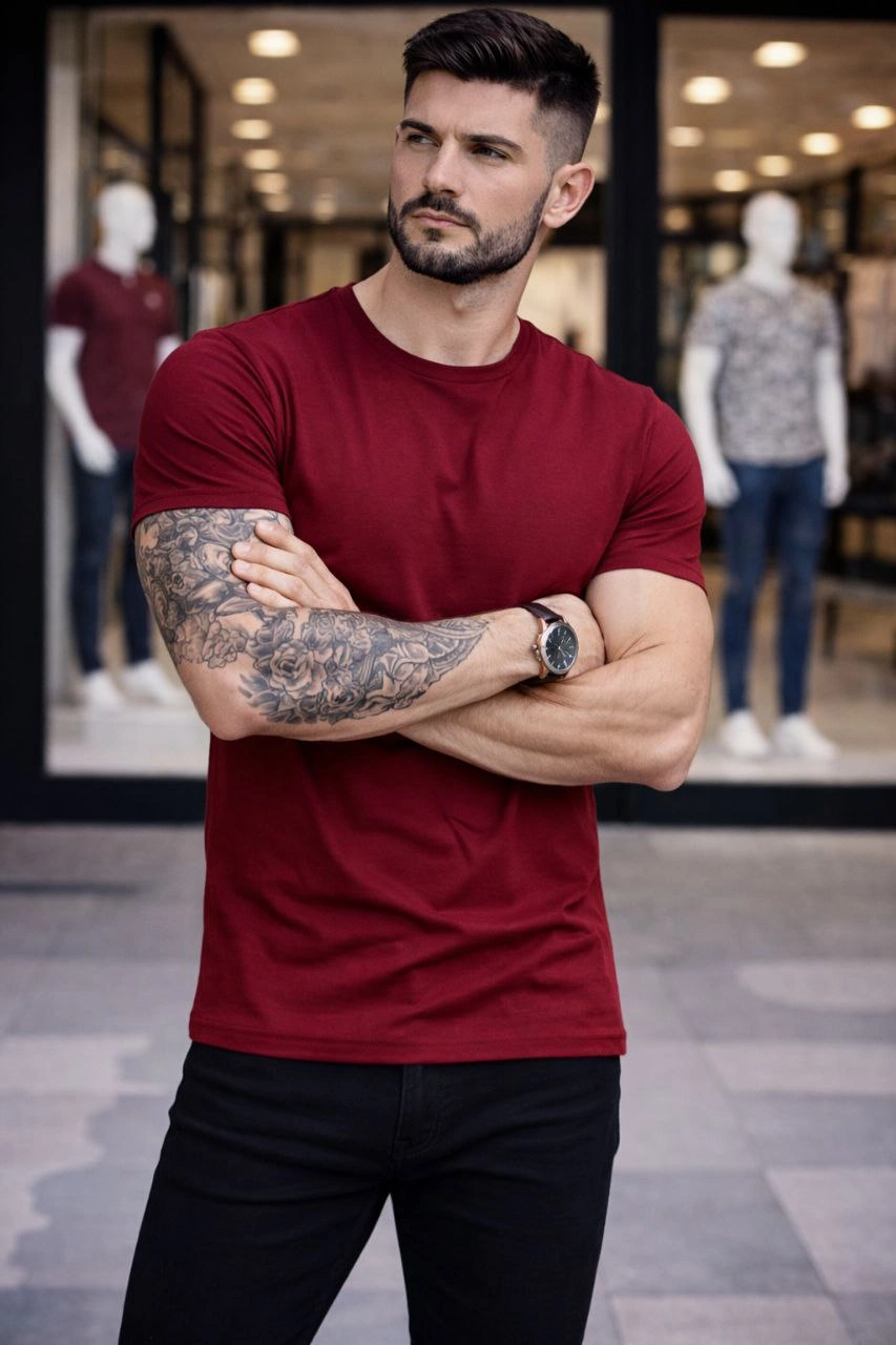 Erkek Body Tişört Bisiklet Yaka Slim Fit Likralı T-Shirt – Bordo