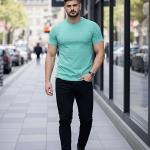 Erkek Body Tişört Bisiklet Yaka Slim Fit Likralı T-Shirt – Turkuvaz