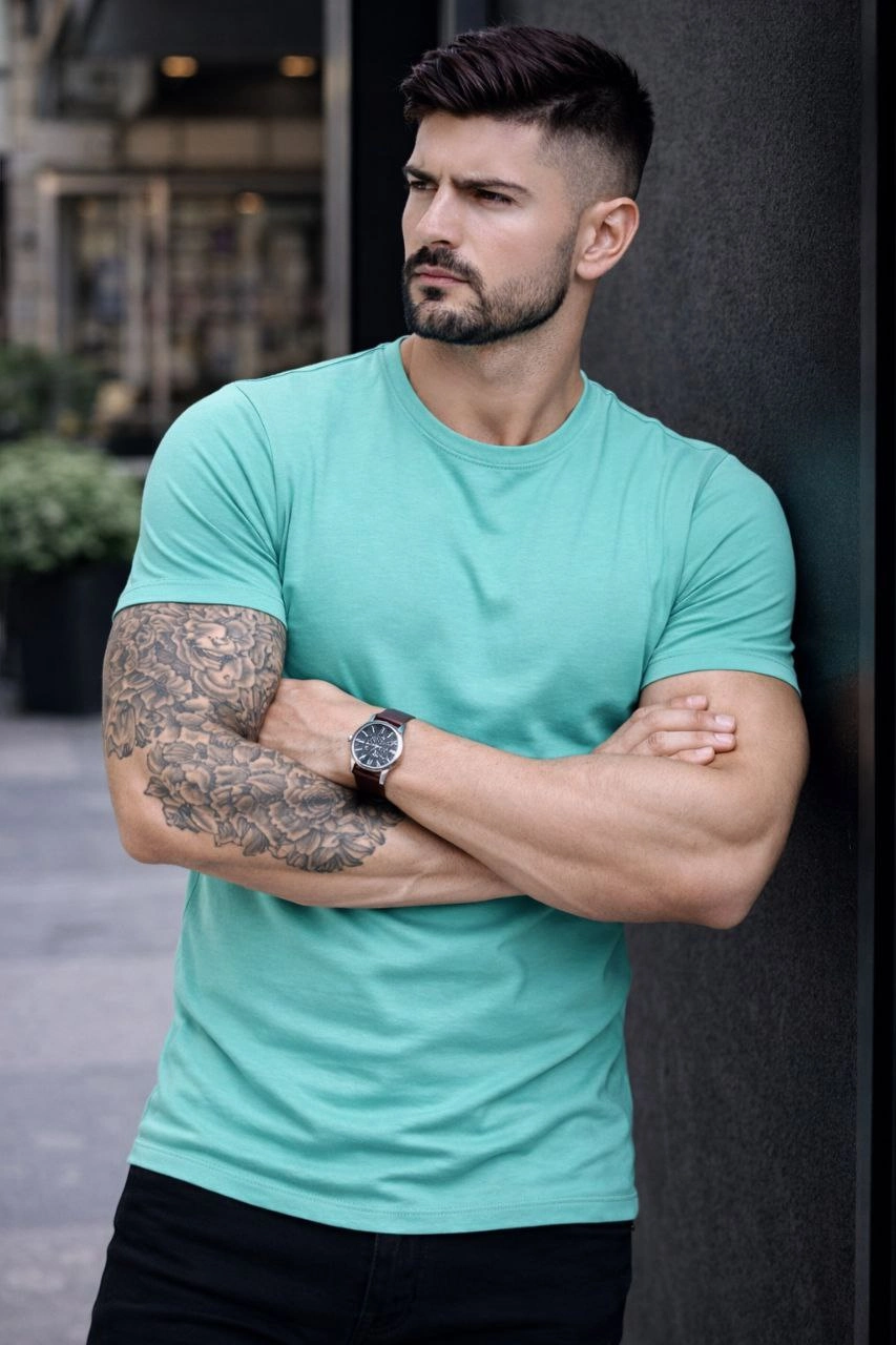 Erkek Body Tişört Bisiklet Yaka Slim Fit Likralı T-Shirt – Turkuvaz