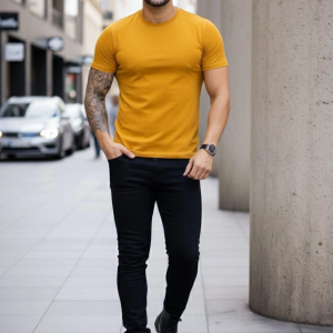 Erkek Body Tişört Bisiklet Yaka Slim Fit Likralı T-Shirt – Limon