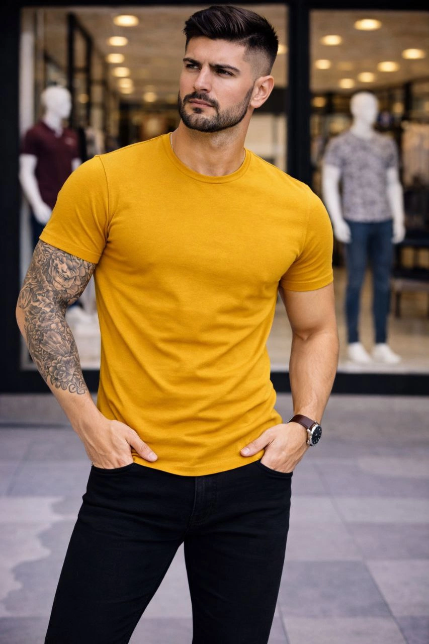 Erkek Body Tişört Bisiklet Yaka Slim Fit Likralı T-Shirt – Limon