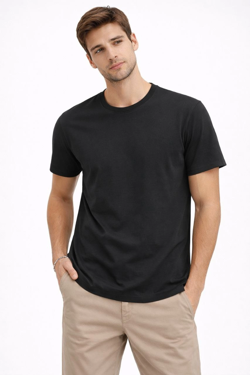 Erkek Bisiklet Yaka Yazlık Kısa kol Düz Tişört Regular Kalıp T-shirt – Siyah