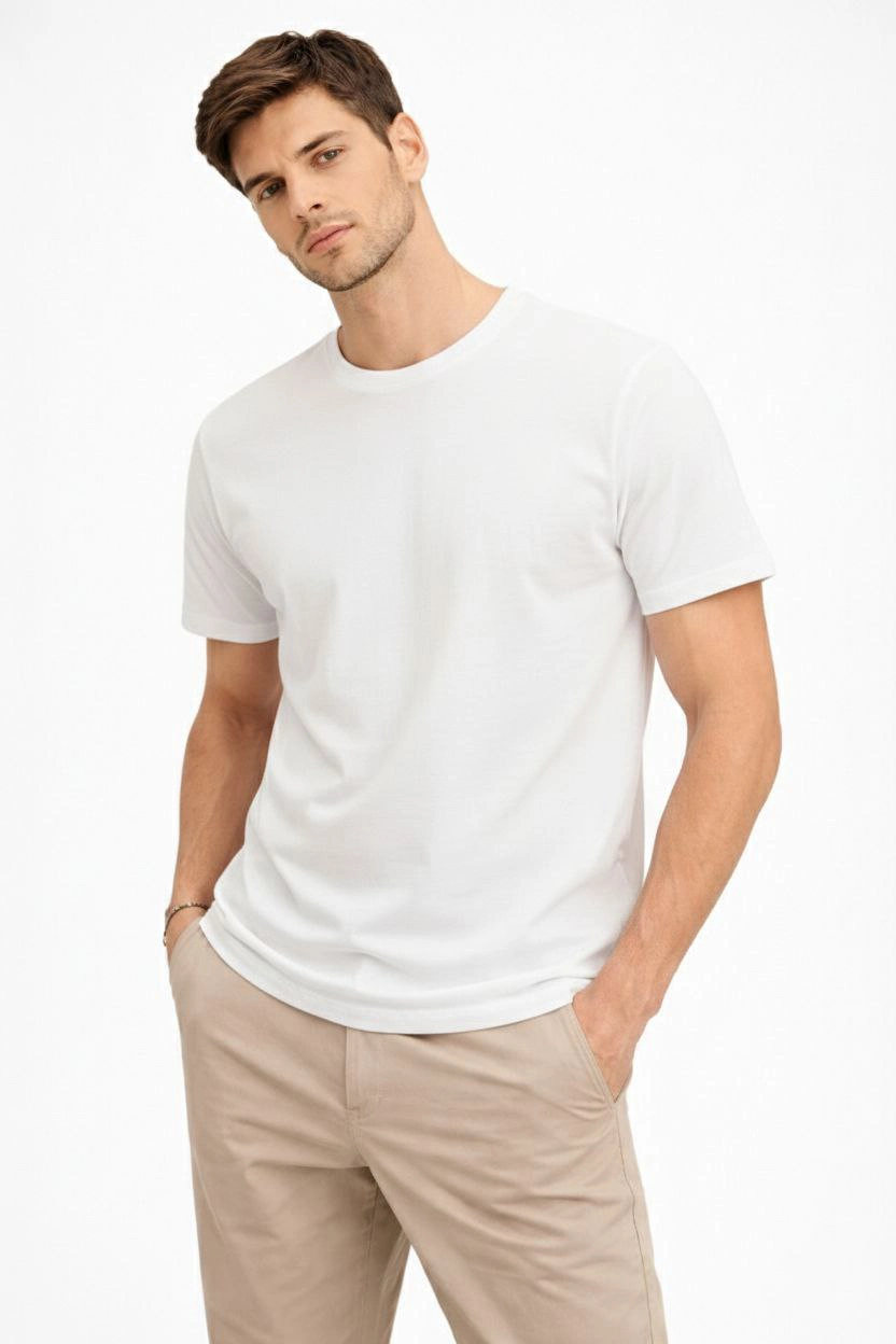 Erkek Bisiklet Yaka Yazlık Kısa kol Düz Tişört Regular Kalıp T-shirt – Beyaz