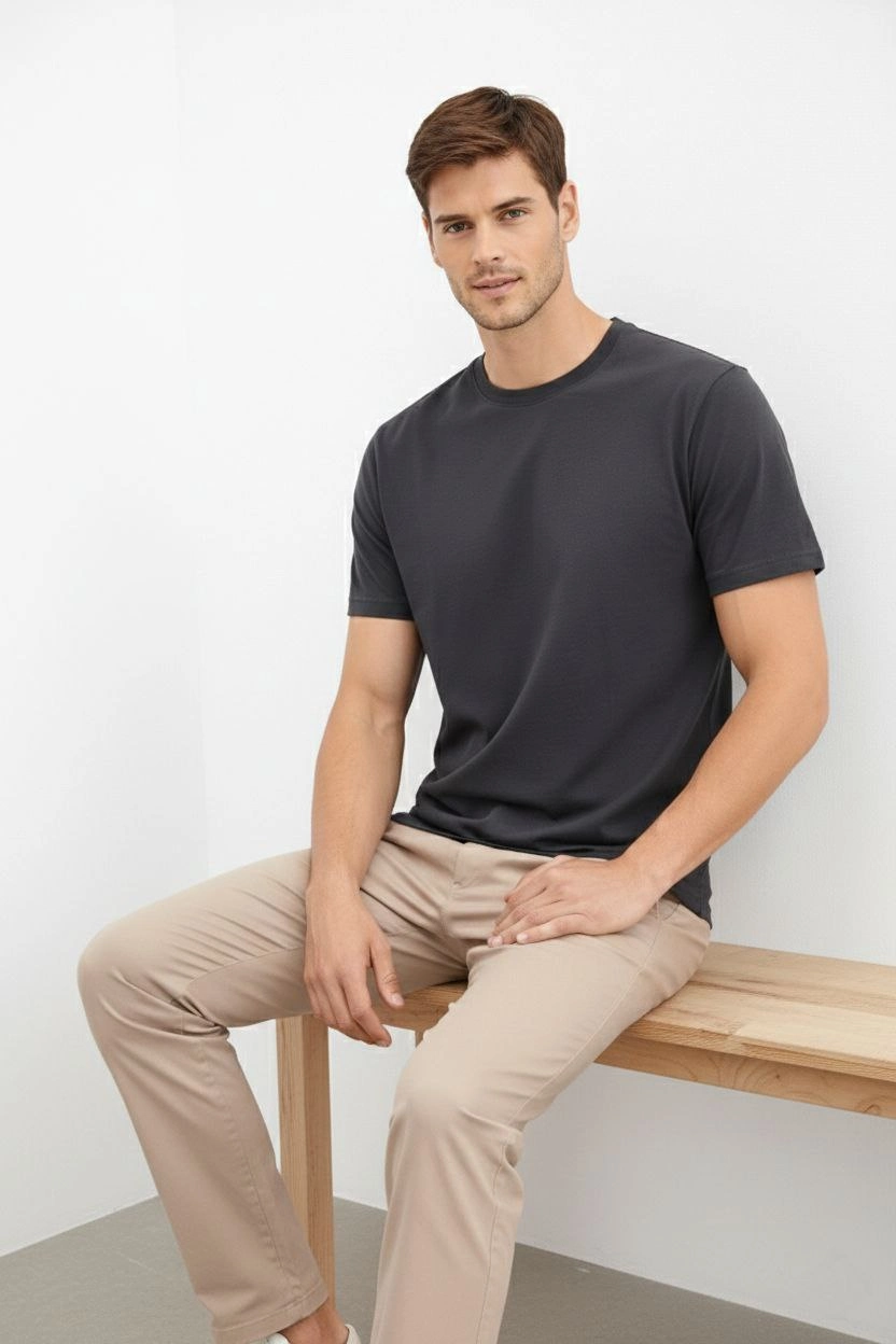 Erkek Bisiklet Yaka Yazlık Kısa kol Düz Tişört Regular Kalıp T-shirt – Füme