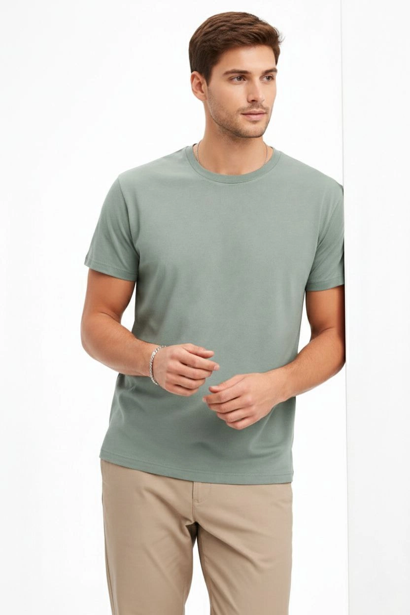 Erkek Bisiklet Yaka Yazlık Kısa kol Düz Tişört Regular Kalıp T-shirt – Mint Yeşili