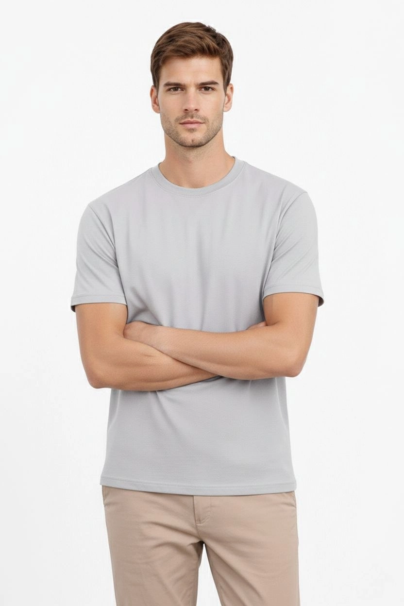 Erkek Bisiklet Yaka Yazlık Kısa kol Düz Tişört Regular Kalıp T-shirt – Gri