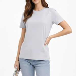 Kadın Bisiklet Yaka Yazlık Kısa kol Düz Tişört Regular Kalıp T-shirt – Gri