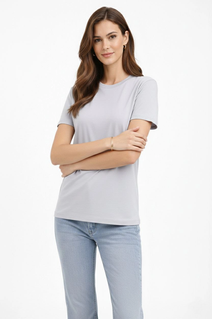 Kadın Bisiklet Yaka Yazlık Kısa kol Düz Tişört Regular Kalıp T-shirt – Gri