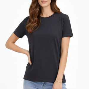 Kadın Bisiklet Yaka Yazlık Kısa kol Düz Tişört Regular Kalıp T-shirt – Füme