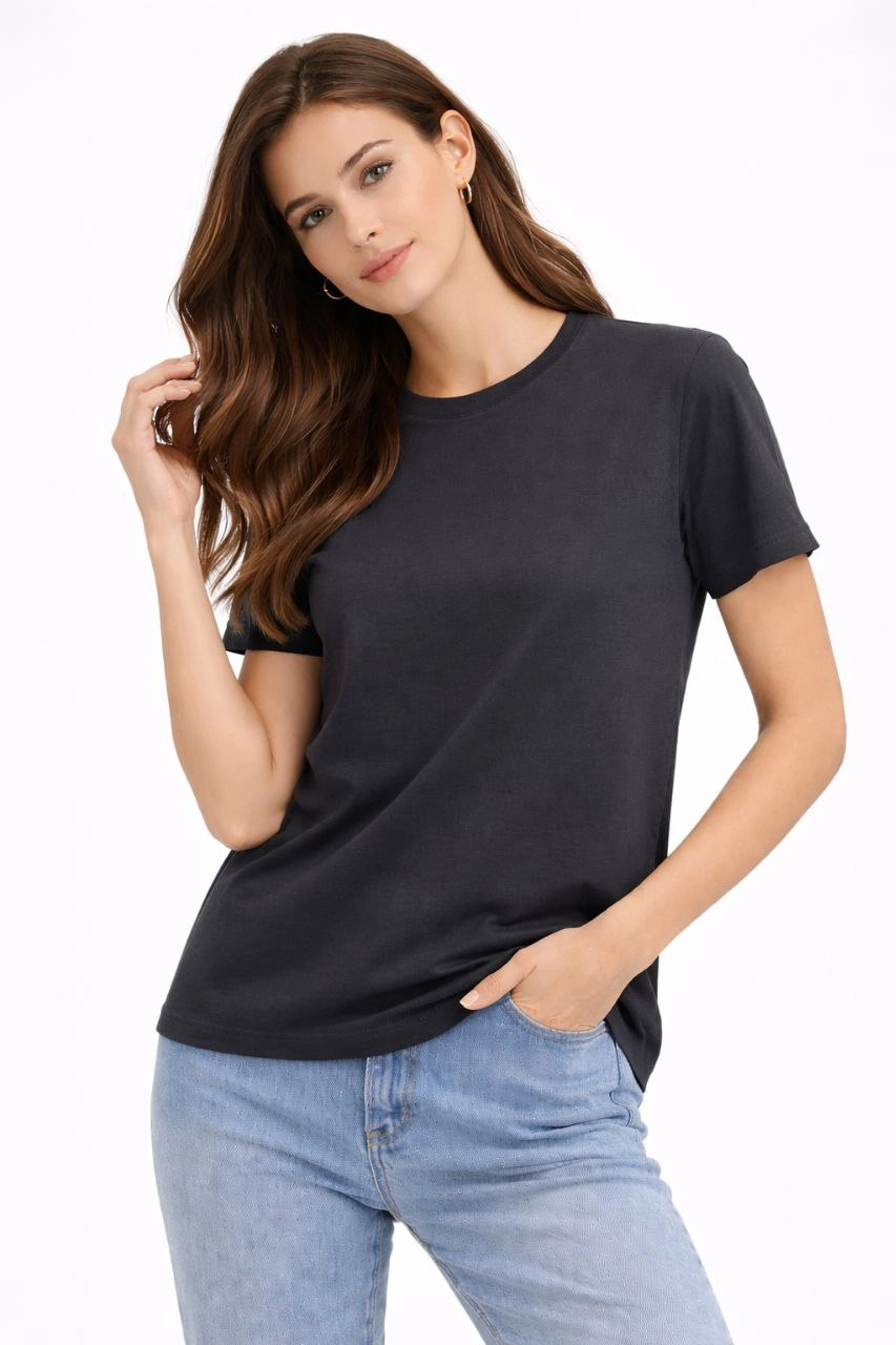 Kadın Bisiklet Yaka Yazlık Kısa kol Düz Tişört Regular Kalıp T-shirt – Füme