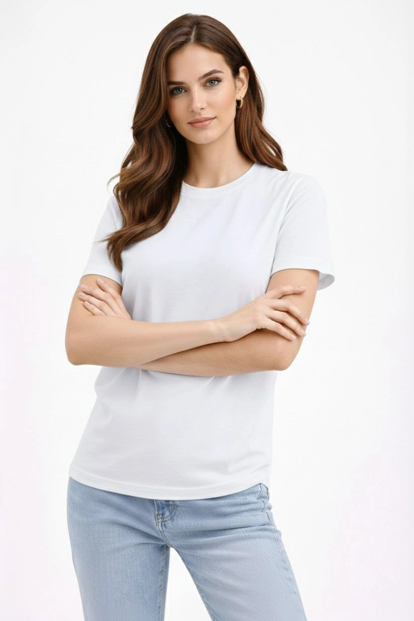 Kadın Bisiklet Yaka Yazlık Kısa kol Düz Tişört Regular Kalıp T-shirt – Beyaz
