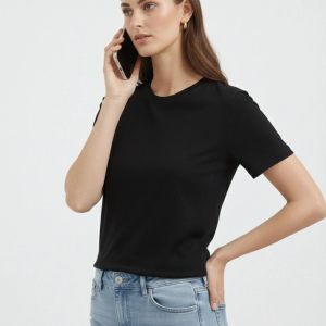 Kadın Bisiklet Yaka Yazlık Kısa kol Düz Tişört Regular Kalıp T-shirt – Siyah