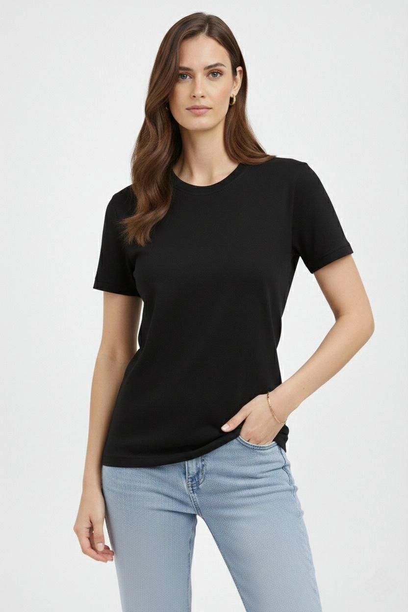 Kadın Bisiklet Yaka Yazlık Kısa kol Düz Tişört Regular Kalıp T-shirt – Siyah