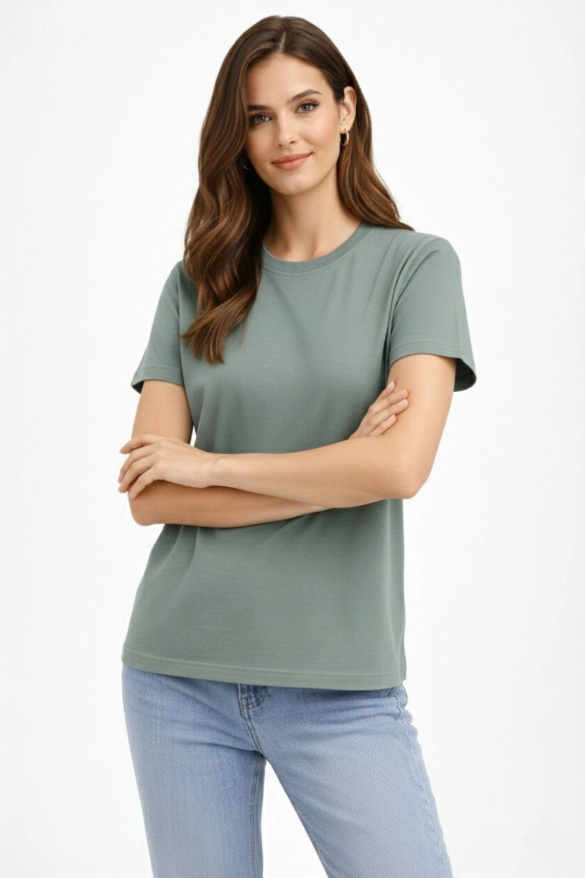 Kadın Bisiklet Yaka Yazlık Kısa kol Düz Tişört Regular Kalıp T-shirt – Mint Yeşili