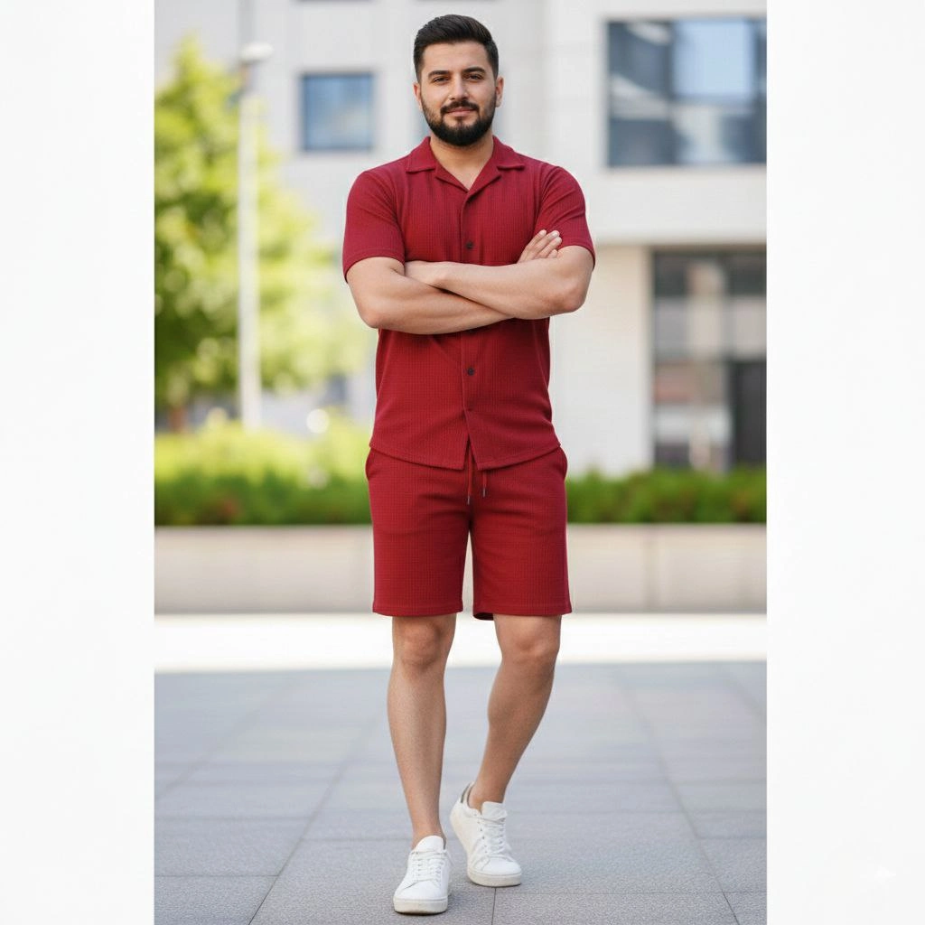 Erkek Waffle Kumaş Kısa Kol Gömlek Şort Takım Regular Yazlık İkili Set – Bordo