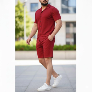 Erkek Waffle Kumaş Kısa Kol Gömlek Şort Takım Regular Yazlık İkili Set – Bordo