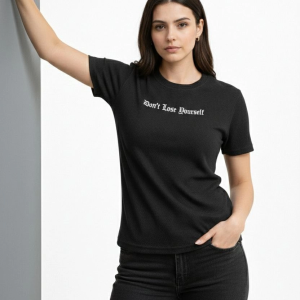 Kadın Wafıl Kumaş Tişört Regular Kalıp Bisiklet Yaka Baskılı T-Shirt – Siyah