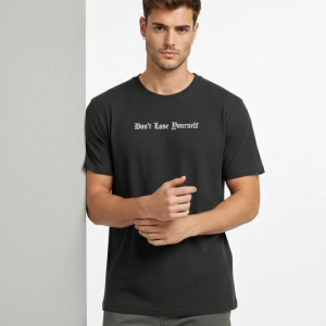 Erkek Wafıl Kumaş Tişört Regular Kalıp Bisiklet Yaka Baskılı T-Shirt – Siyah