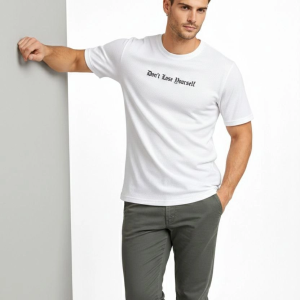 Erkek Wafıl Kumaş Tişört Regular Kalıp Bisiklet Yaka Baskılı T-Shirt – Beyaz