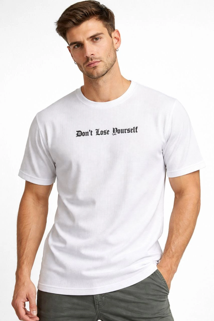 Erkek Wafıl Kumaş Tişört Regular Kalıp Bisiklet Yaka Baskılı T-Shirt – Beyaz