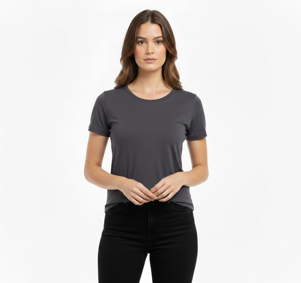 Kadın T-Shirt Bisiklet Yaka Slim Fit Likralı Tişört Yazlık Basic Body – Füme