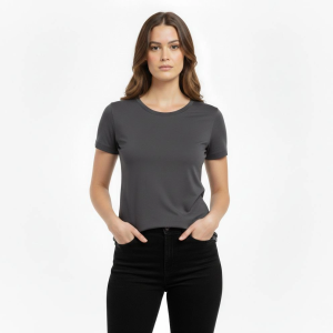 Kadın T-Shirt Bisiklet Yaka Slim Fit Likralı Tişört Yazlık Basic Body – Füme
