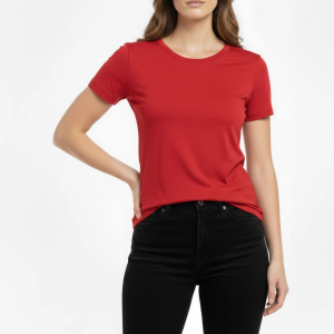 Kadın Bisiklet Yaka Slim Fit Likralı Tişört – Kırmızı