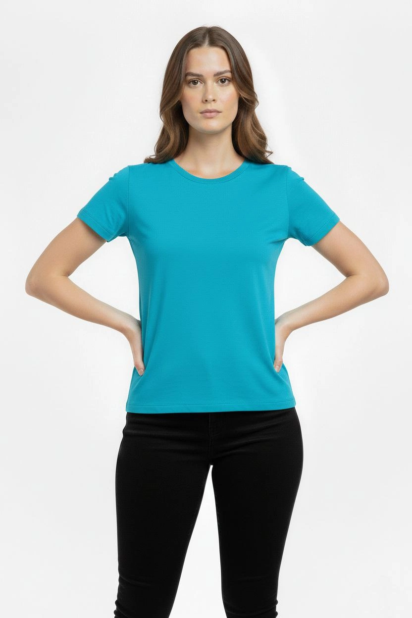 Kadın T-Shirt Bisiklet Yaka Slim Fit Likralı Tişört Yazlık Basic Body – Turkuvaz