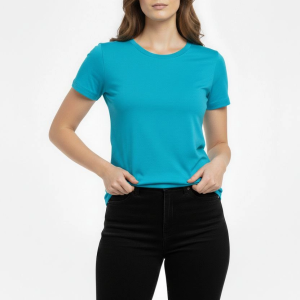 Kadın T-Shirt Bisiklet Yaka Slim Fit Likralı Tişört Yazlık Basic Body – Turkuvaz