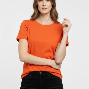 Kadın T-Shirt Bisiklet Yaka Slim Fit Likralı Tişört Yazlık Basic Body – Turuncu