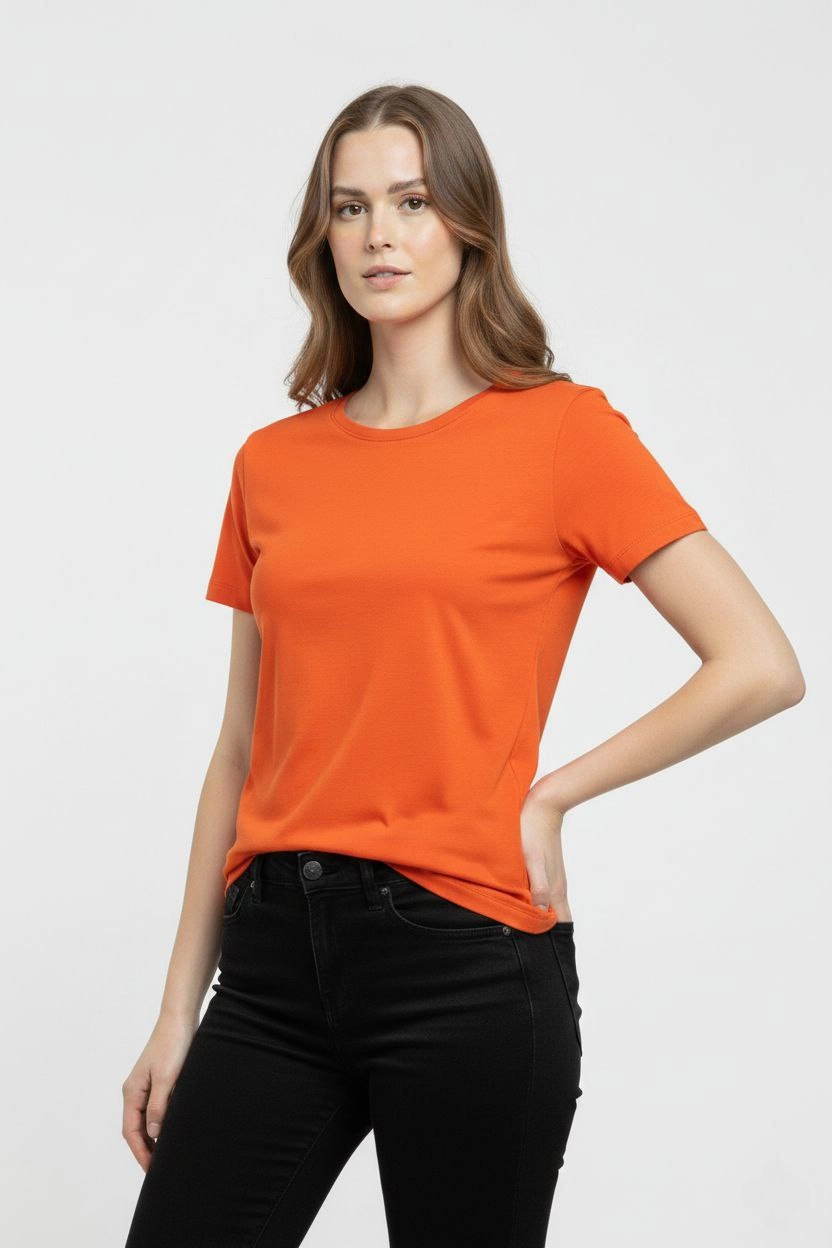 Kadın T-Shirt Bisiklet Yaka Slim Fit Likralı Tişört Yazlık Basic Body – Turuncu