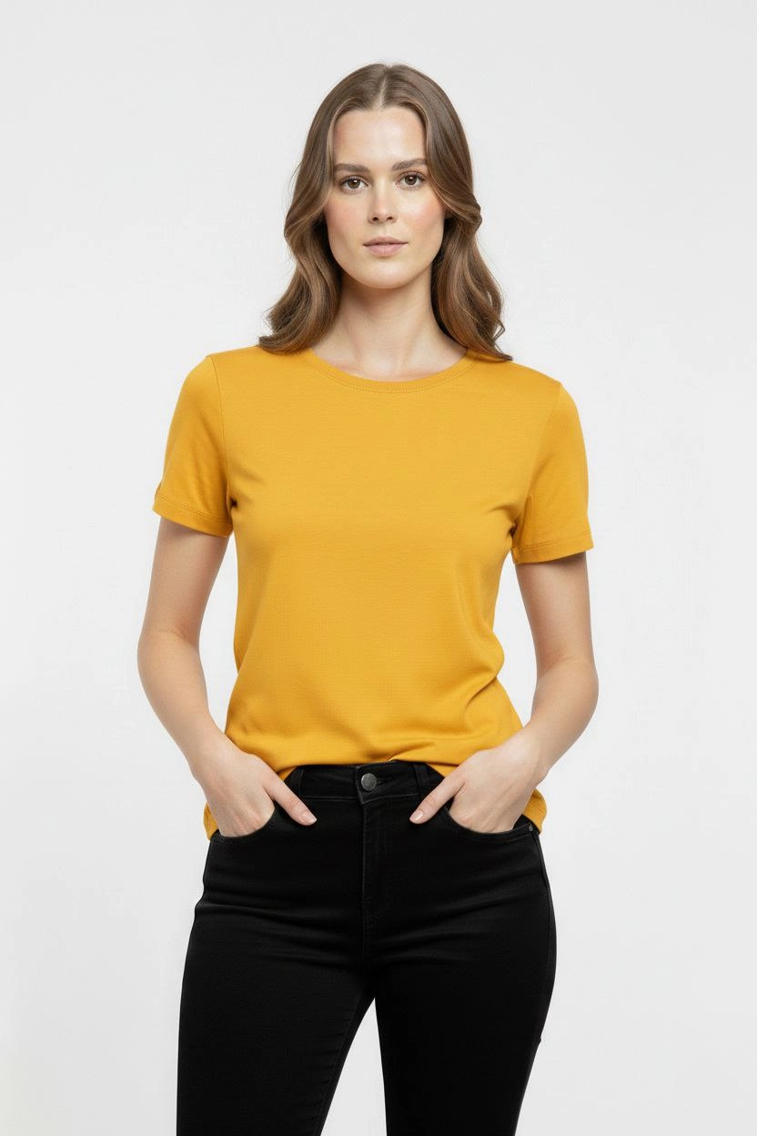 Kadın T-Shirt Bisiklet Yaka Slim Fit Likralı Tişört Yazlık Basic Body – Sarı