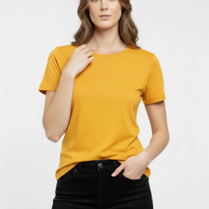 Kadın T-Shirt Bisiklet Yaka Slim Fit Likralı Tişört Yazlık Basic Body – Sarı