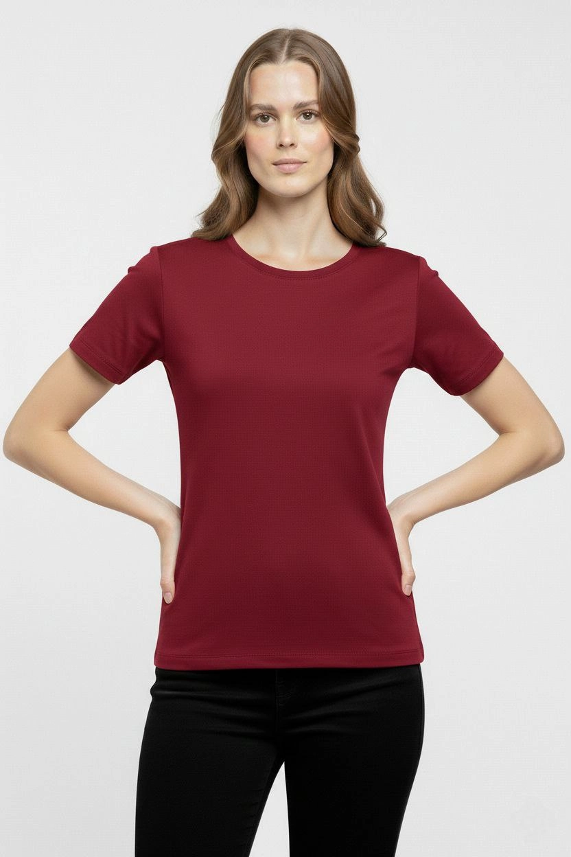 Kadın T-Shirt Bisiklet Yaka Slim Fit Likralı Tişört Yazlık Basic Body – Bordo