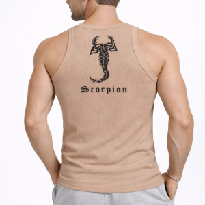 Erkek Spor Slimfit Fitilli Kaşkorse Arka Basklı Atlet 2’li Set Kahverengi-Beyaz