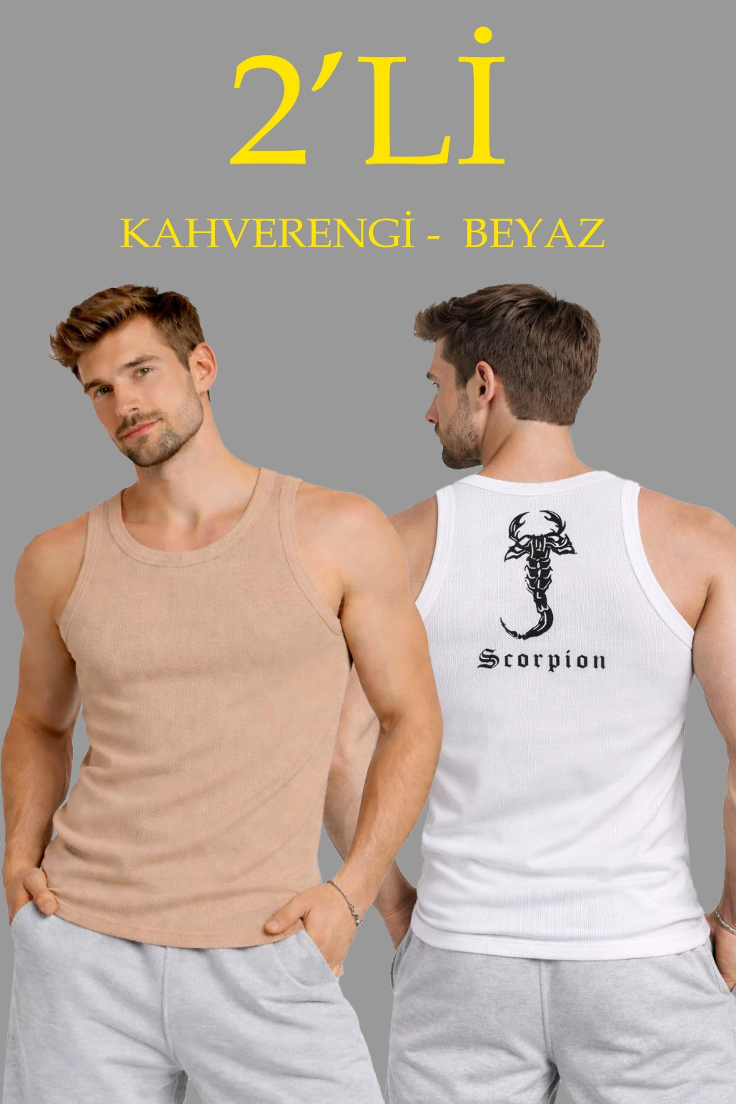Erkek Spor Slimfit Fitilli Kaşkorse Arka Basklı Atlet 2’li Set Kahverengi-Beyaz