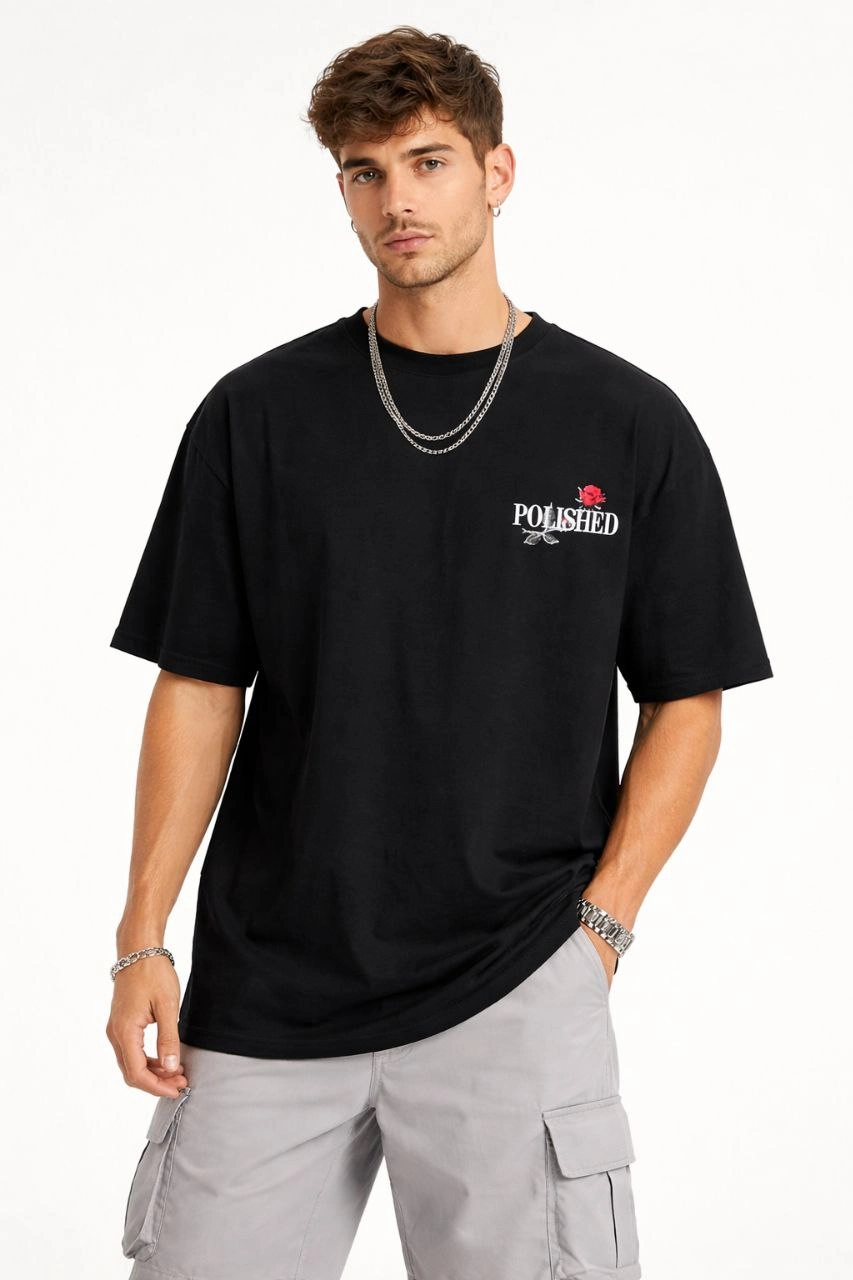 Erkek Kısa Kol Yazlık Tişört Bisiklet Yaka Baskılı Oversize T-Shirt – Siyah