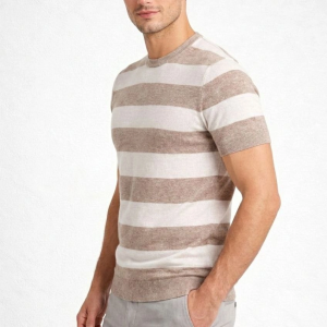Erkek T-shirt Çizgili Triko Kısa Kol Yazlık Dokuma Bisiklet Yaka Tişört – Bej