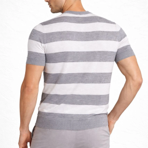 Erkek T-shirt Çizgili Kısa Kol Yazlık Triko Dokuma Bisiklet Yaka Tişört – Gri