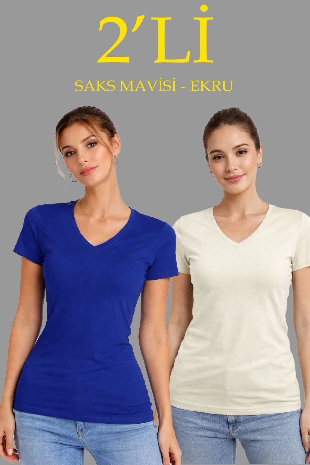 Kadın V Yaka Tişört Kısa Kol Slim Fit T-shirt 2’li Set Saks Mavisi-Ekru