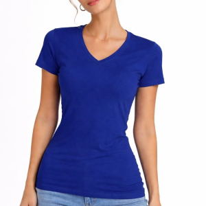 Kadın V Yaka Tişört Kısa Kol Slim Fit T-shirt 2’li Set Saks Mavisi-Ekru