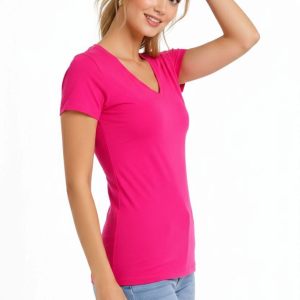 Kadın V Yaka Tişört Kısa Kol Slim Fit T-shirt 3’lü Set Pembe-Açık Mavi-Ekru