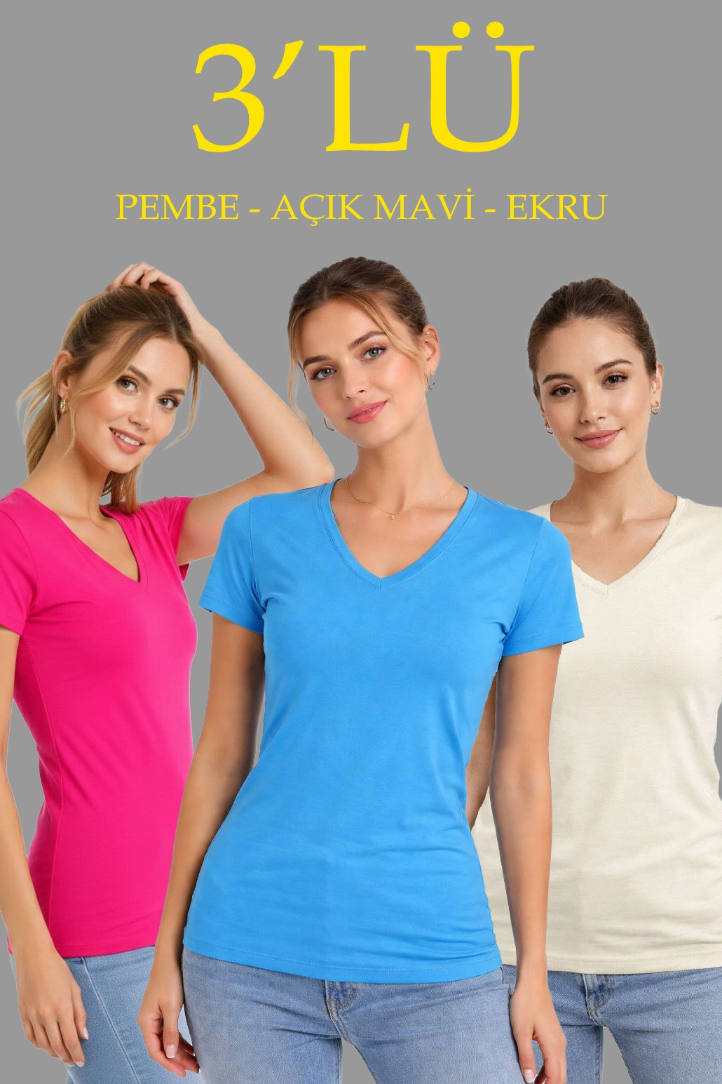 Kadın V Yaka Tişört Kısa Kol Slim Fit T-shirt 3’lü Set Pembe-Açık Mavi-Ekru