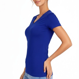 Kadın V Yaka Tişört Kısa Kol Slim Fit T-shirt 3’lü Set Pembe-Saks Mavi-Ekru