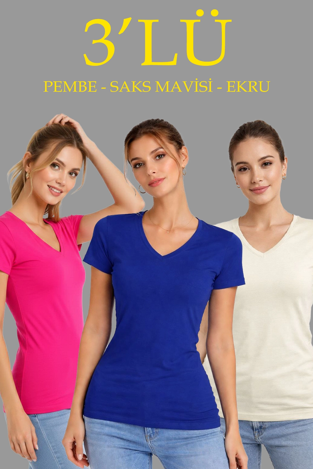 Kadın V Yaka Tişört Kısa Kol Slim Fit T-shirt 3’lü Set Pembe-Saks Mavi-Ekru