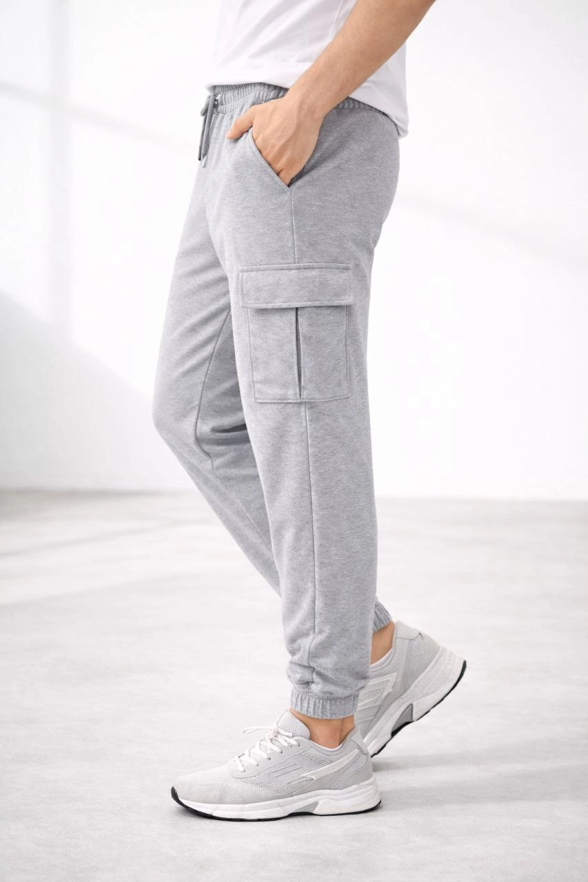 Erkek Jogger Eşofman Altı Kargo Cepli Lastikli Paça Spor Pantolon – Gri
