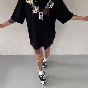 Kadın Kısa Kol Yazlık Tişört Bisiklet Yaka Baskılı Oversize T-Shirt – Siyah
