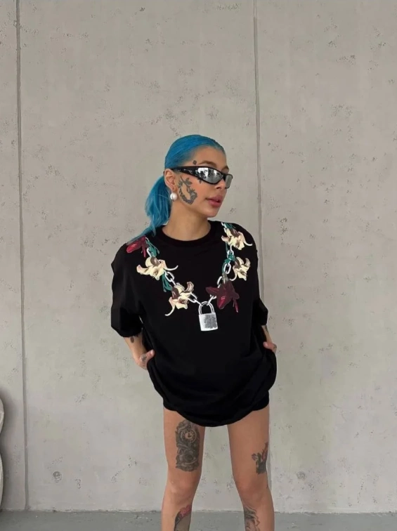 Kadın Kısa Kol Yazlık Tişört Bisiklet Yaka Baskılı Oversize T-Shirt – Siyah