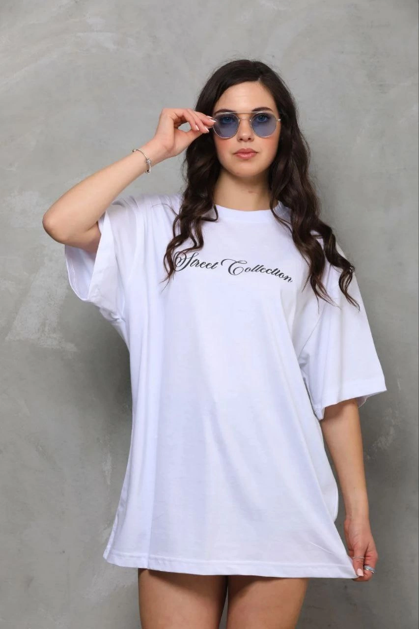 Kadın Kısa Kol Yazlık Tişört Bisiklet Yaka Baskılı Oversize T-Shirt – Beyaz